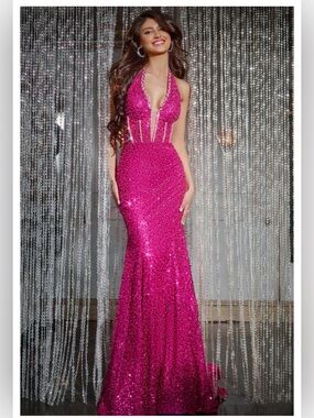 Jovani D5302 Fuchsia Sequin Mermaid Gown Size 12 Vegas Glam Red Carpet Dress